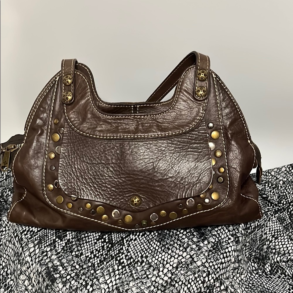 PATRICIA NASH Dark Brown Leather Studded Ergo satchel